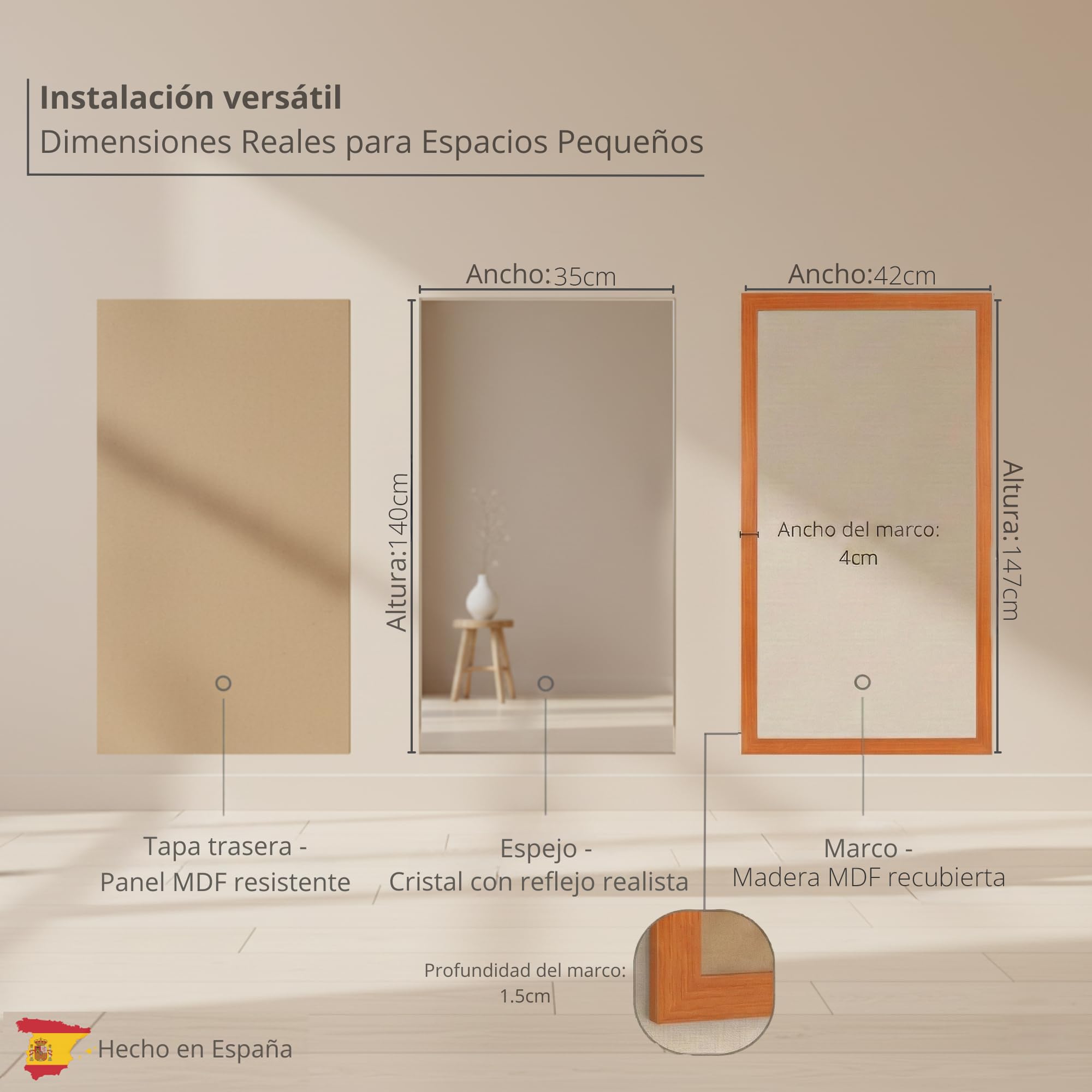 CHELY INTERMARKET MOD128 Espejo Pared Vertical Decorativo Grande Estilo Moderno Marco Madera Cuerpo Entero Elegante 35x140 cm Cerezo Ideal Recibidor Dormitorio Baño Incluye Kit Montaje