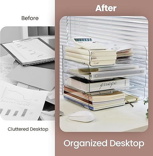 Miniatura 6 de Paquete de 2 bandejas de papel apilables para escritorio, bandeja transparente para escritorio de mascotas tamaño A4 para organizador de papel de