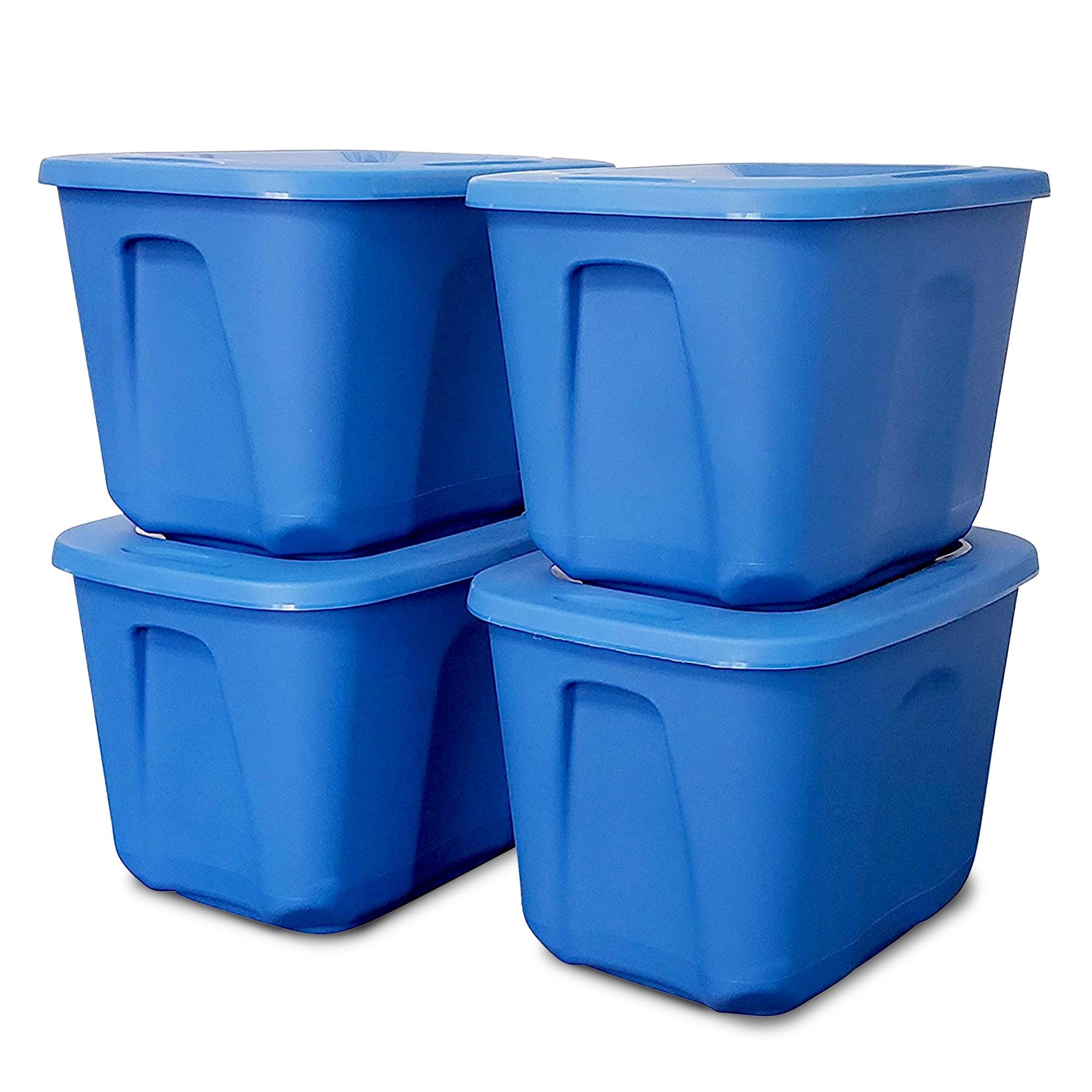 HOMZ Paquete de 4 contenedores moldeados duraderos, contenedores de almacenamiento de plástico con tapas, 10 galones, azul, organizadores apilables y cajas para organización de dormitorio, cocina y