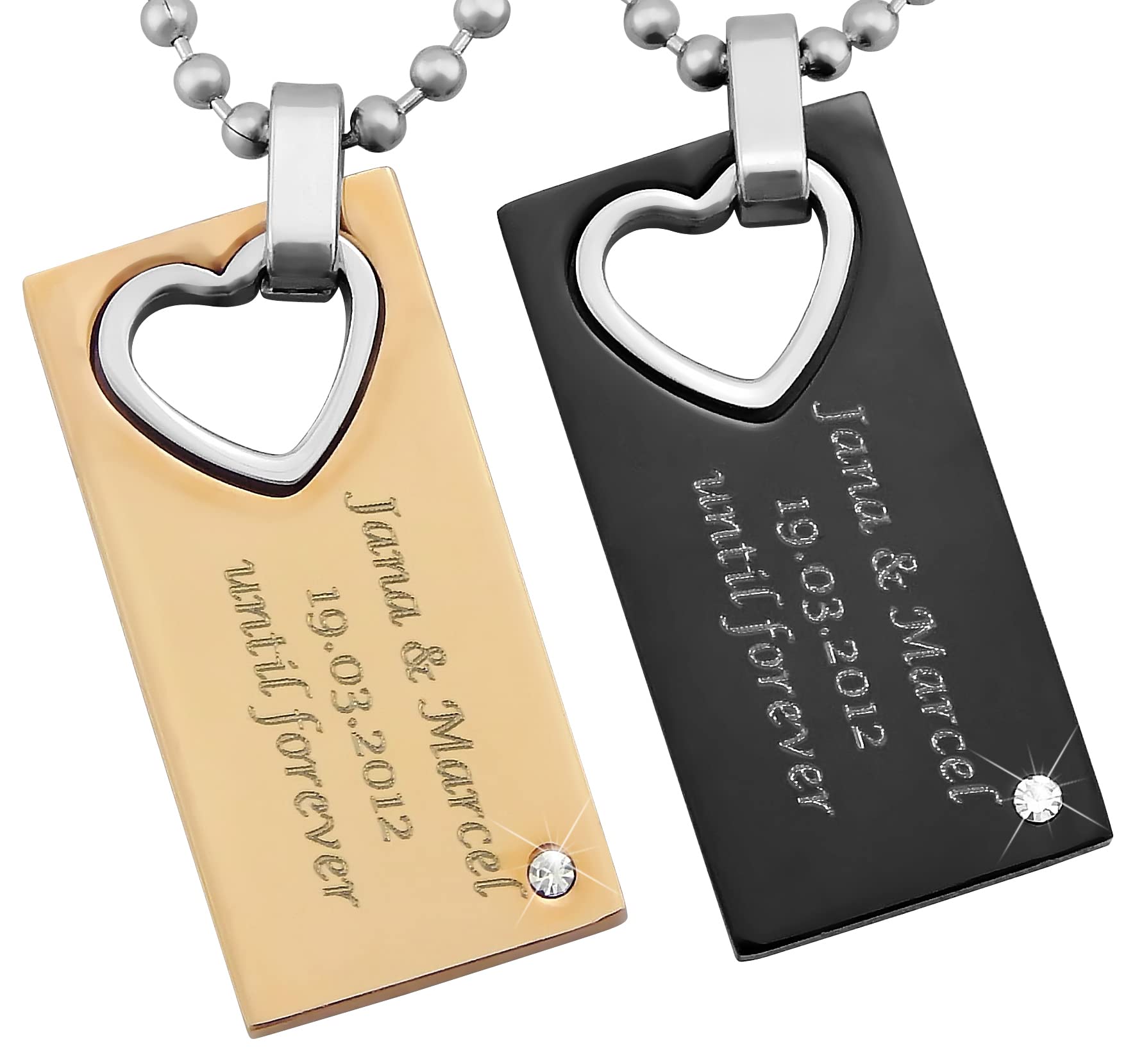 2 Stück Personalisierte Kette mit Gravur Edelstahl 50 cm mit Anhänger Herz Rechteck in silber schwarz gold - Personalisierte Geschenke für Damen Herren Freundin Freund - Partner Halskette