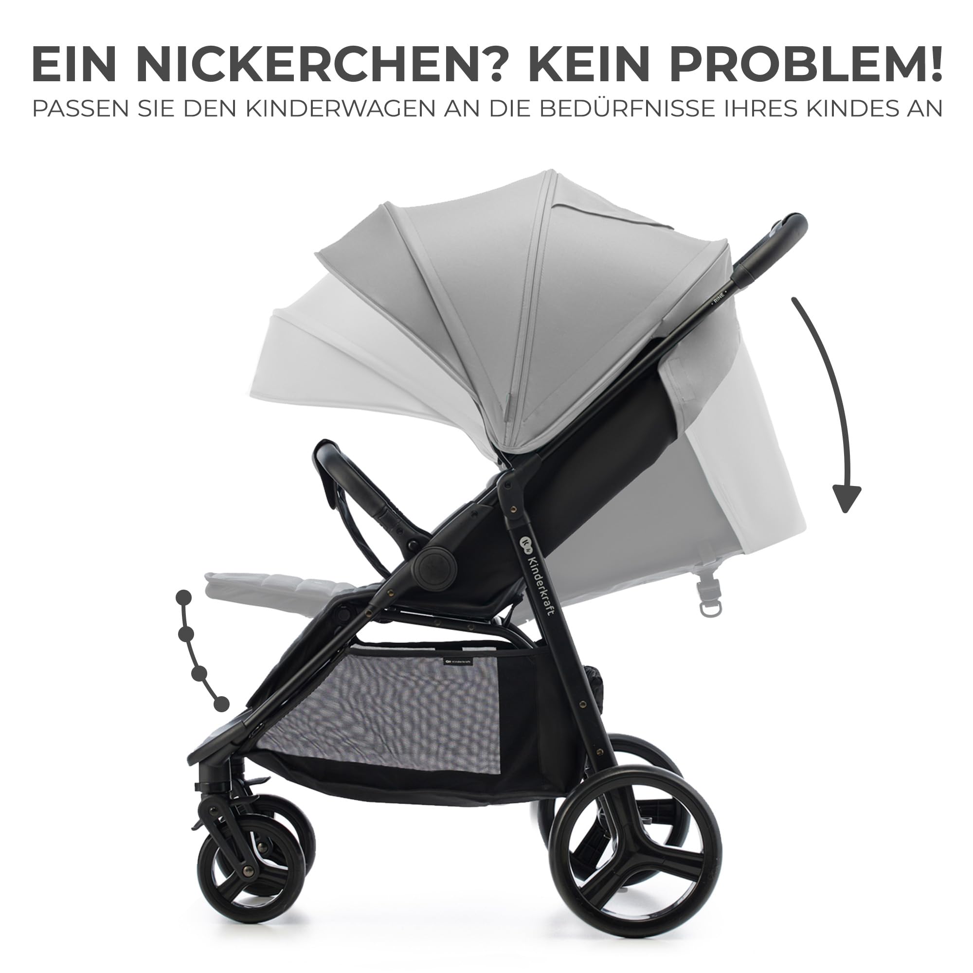 Kinderkraft RINE Buggy bis 22 kg, Kinderwagen, Mit einer Hand zusammenklappbar, wasserfestes Verdeck mit UPF50+ Filter, liegende Position, Getränkehalter im set, Grau