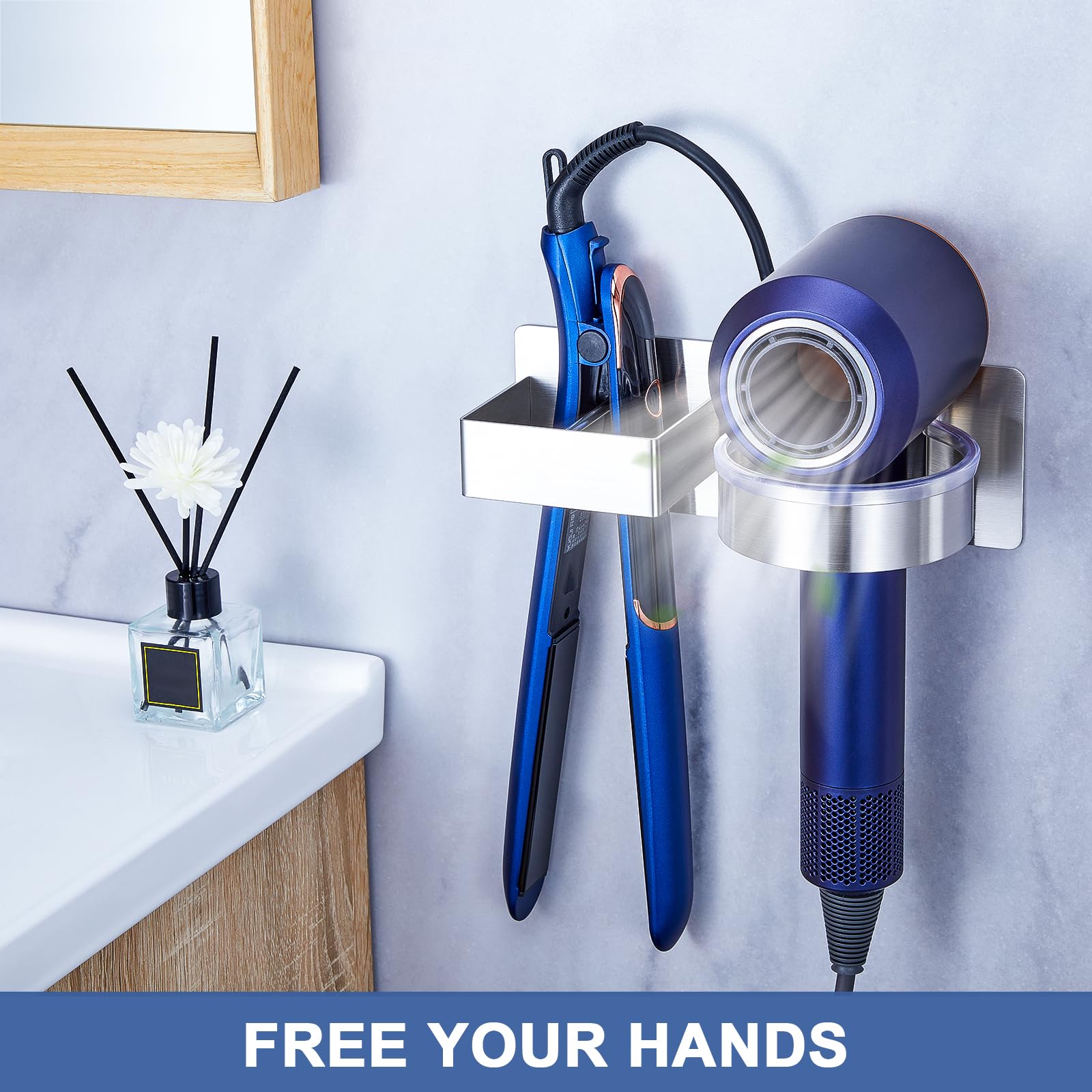 Soporte para secador de pelo montado en la pared, organizador de herramientas de pelo para baño, soporte adhesivo para secador de pelo, soporte para secador de pelo de acero inoxidable