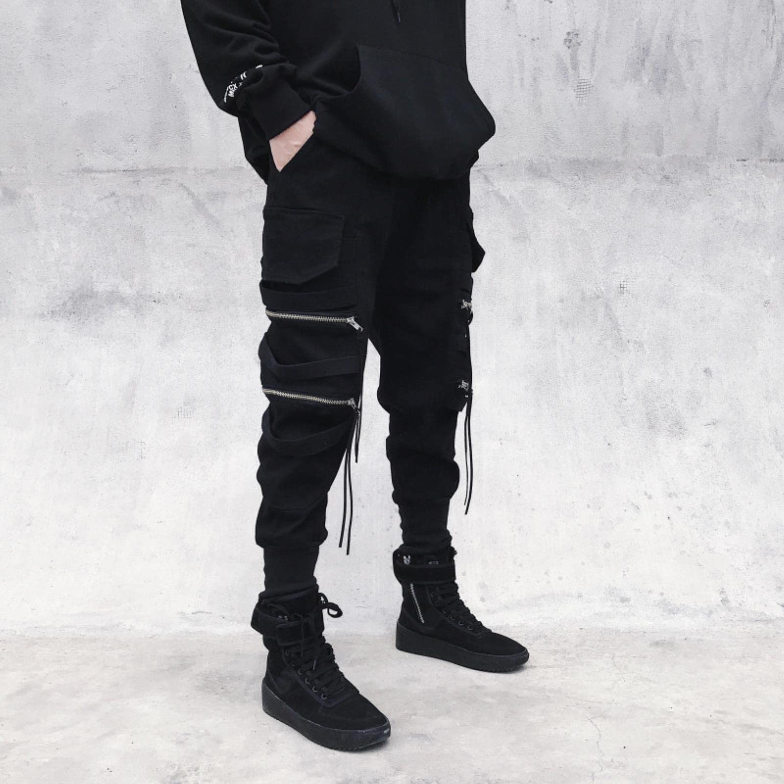 GOLYOY Cargo Pants Men's Sports Pants Multiple Pockets Sweatpants Black Techwear Pants Hip Hop Streetwear Punk Pants, Black, M