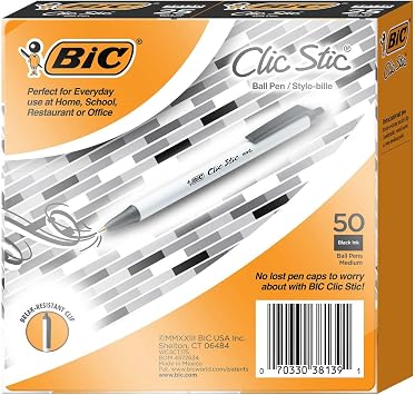 BIC Clic Stic Retractable Ballpoint Pen, Medium Point 1.0mm - 50 Count Black
