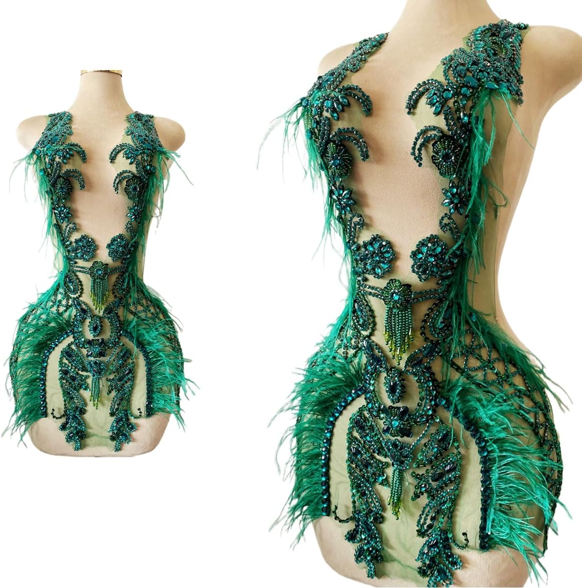 Large Size Pure Hand-Stitched Bodice Rhinestones Appliques Long Feather Decorative Bead Embroidery Trim Patches Exquisite Luxury Accessories for Dress Clothing (Deepgreen)