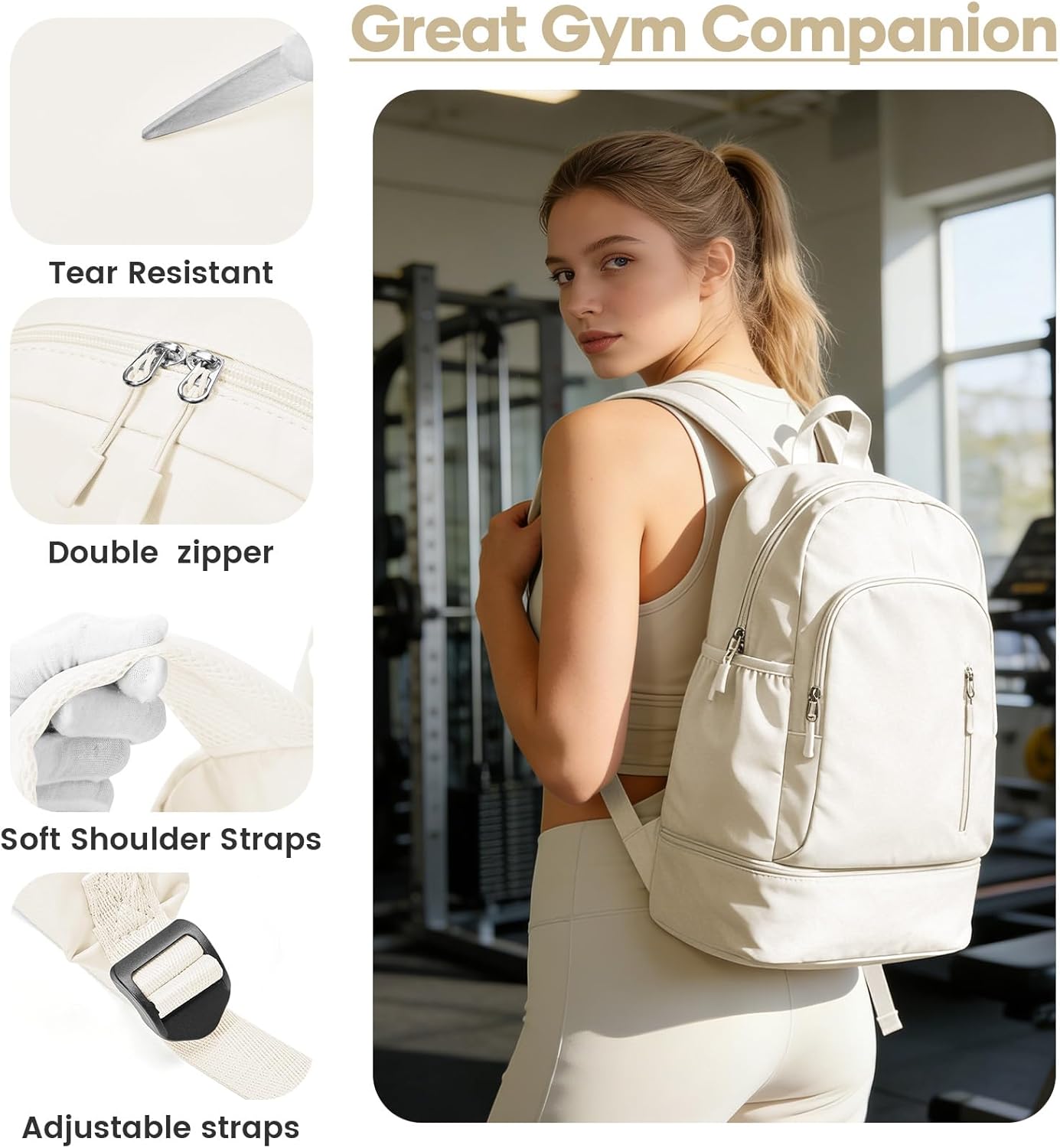 Gym Backpack for Women Men, Dance Backpacks With Shoe Compartment, Sports Back pack For Yoga Fitness Beach Hiking Sports(Beige)