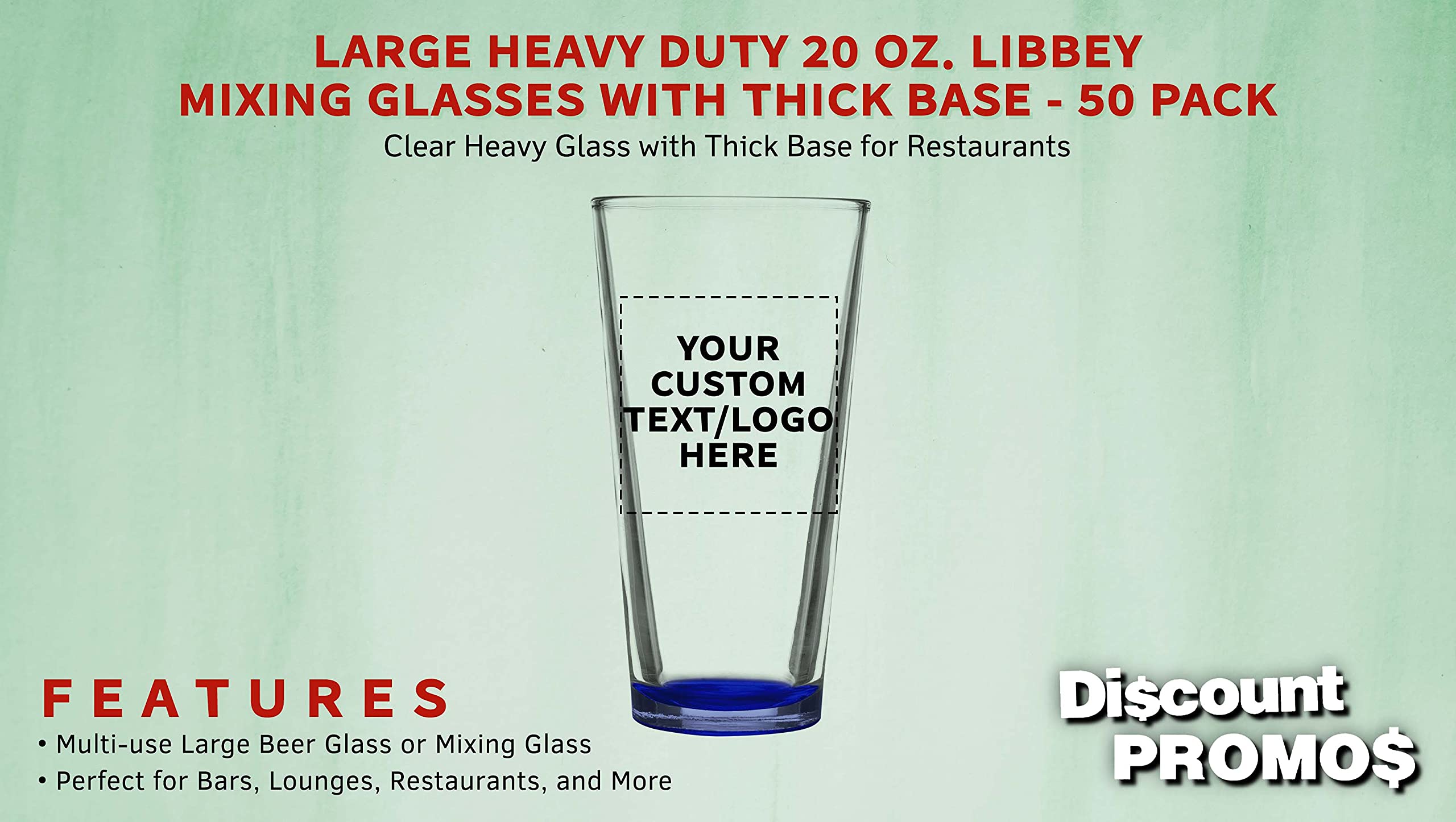 50 Libbey Mixing Glasses Set, 20 oz. - Personalized Text, Logo - Clear, Pub, Thick base - Blue