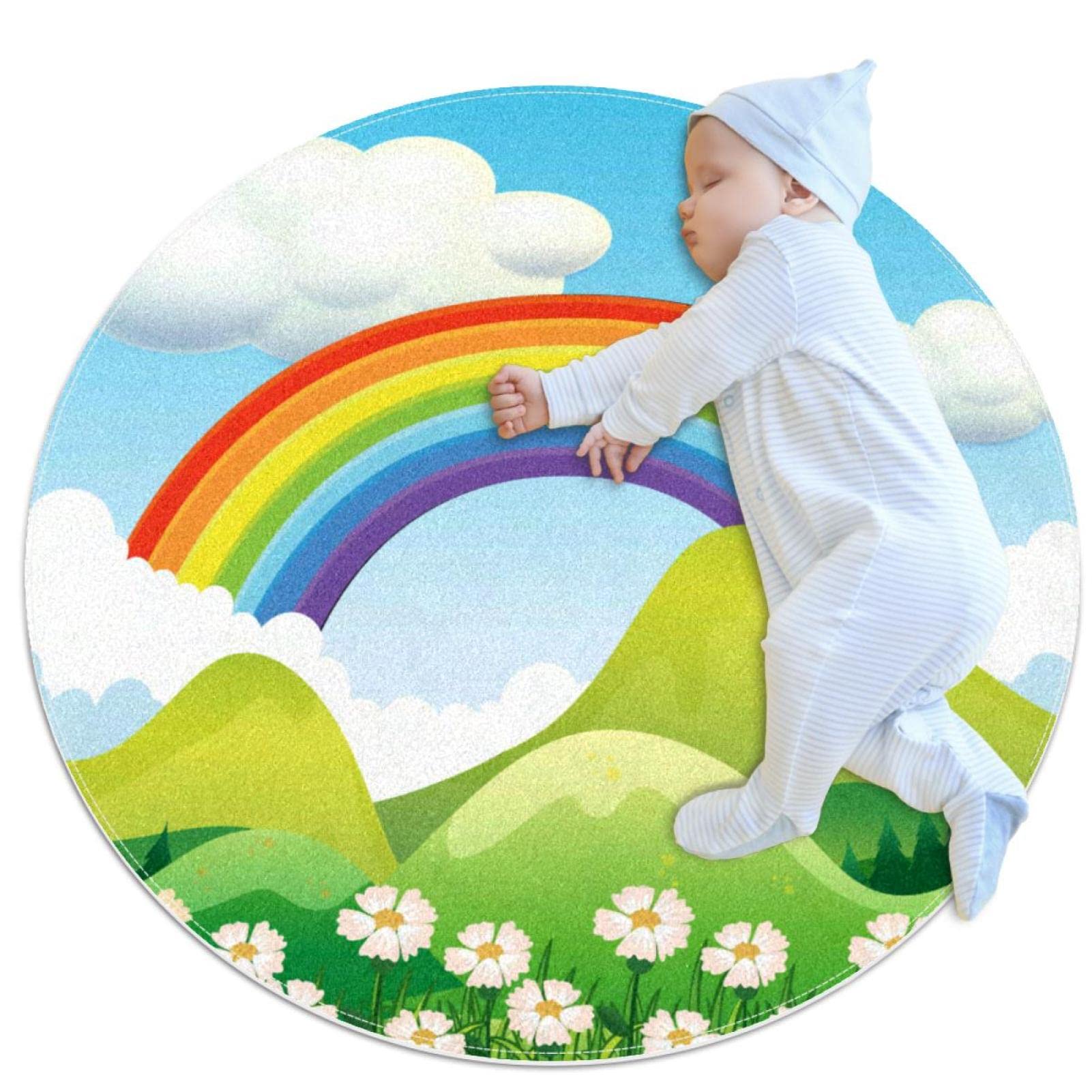 Tapis rond lavable forêt et fleurs de 100 cm pour salle de jeux moderne