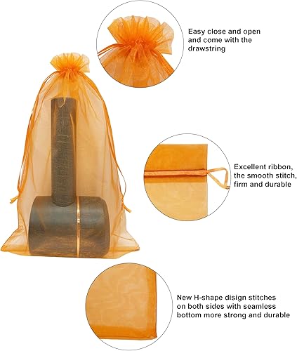 Miniatura 7 de Jexila - 50 bolsas de regalo de organza naranja de 8 x 12 pulgadas con cordón de malla para Halloween, bolsas de golosinas para niños, bolsas de