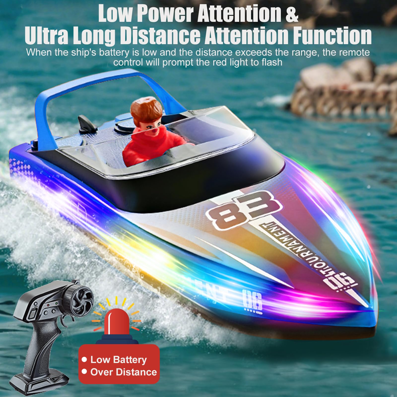 Barco teledirigido con luces LED, 2,4 GHz alta velocidad, lancha de control remoto de alta velocidad y baja, 120 min de resistencia, piscina, lago/estanque juguete
