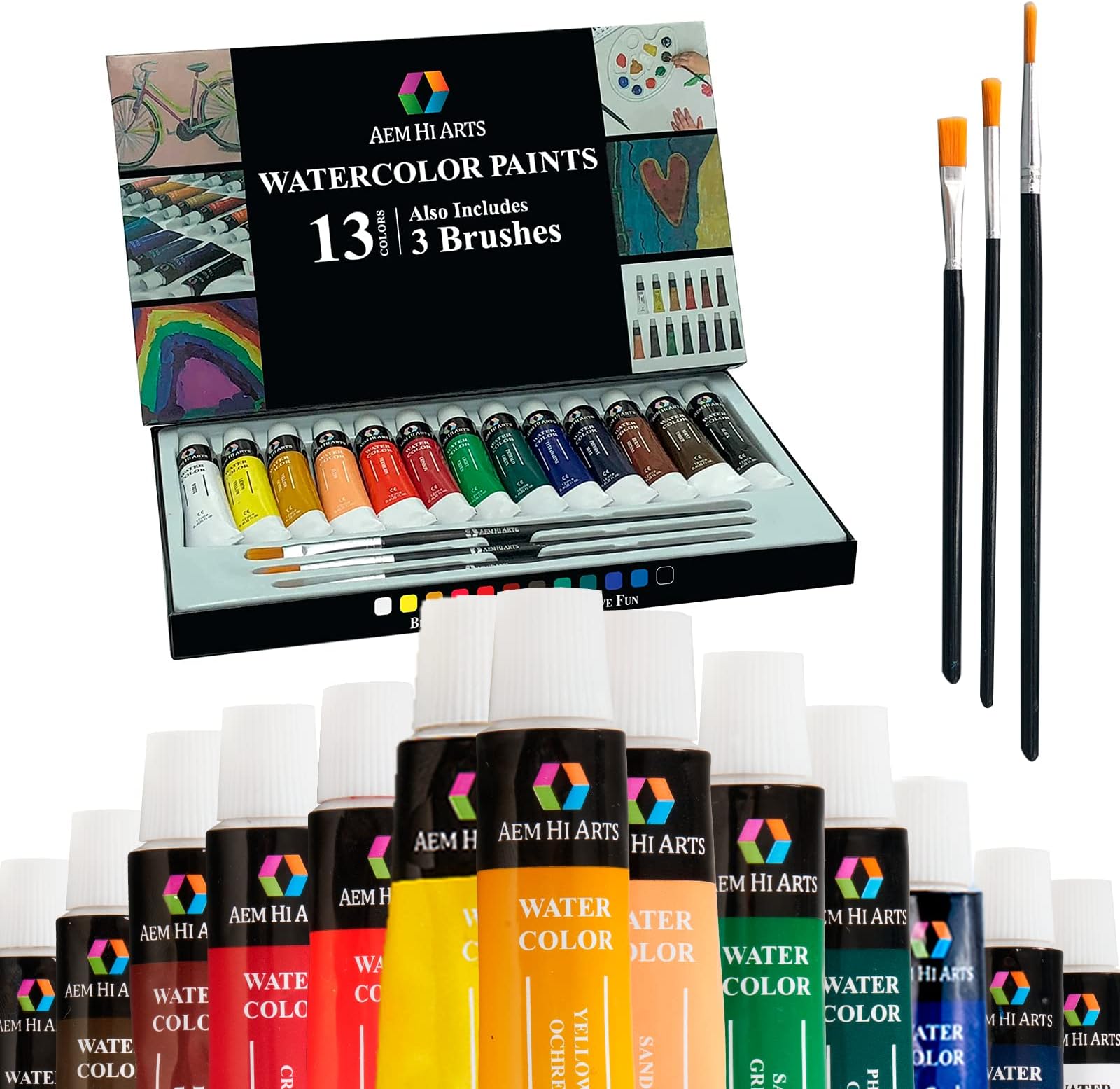 Watercolor Paint Artist Set 13 Tube Art Kit Includes Colorful Water Color Paints and Watercolor Brushes - Portable, Small and Washable, Great for Kids and Professional Artists