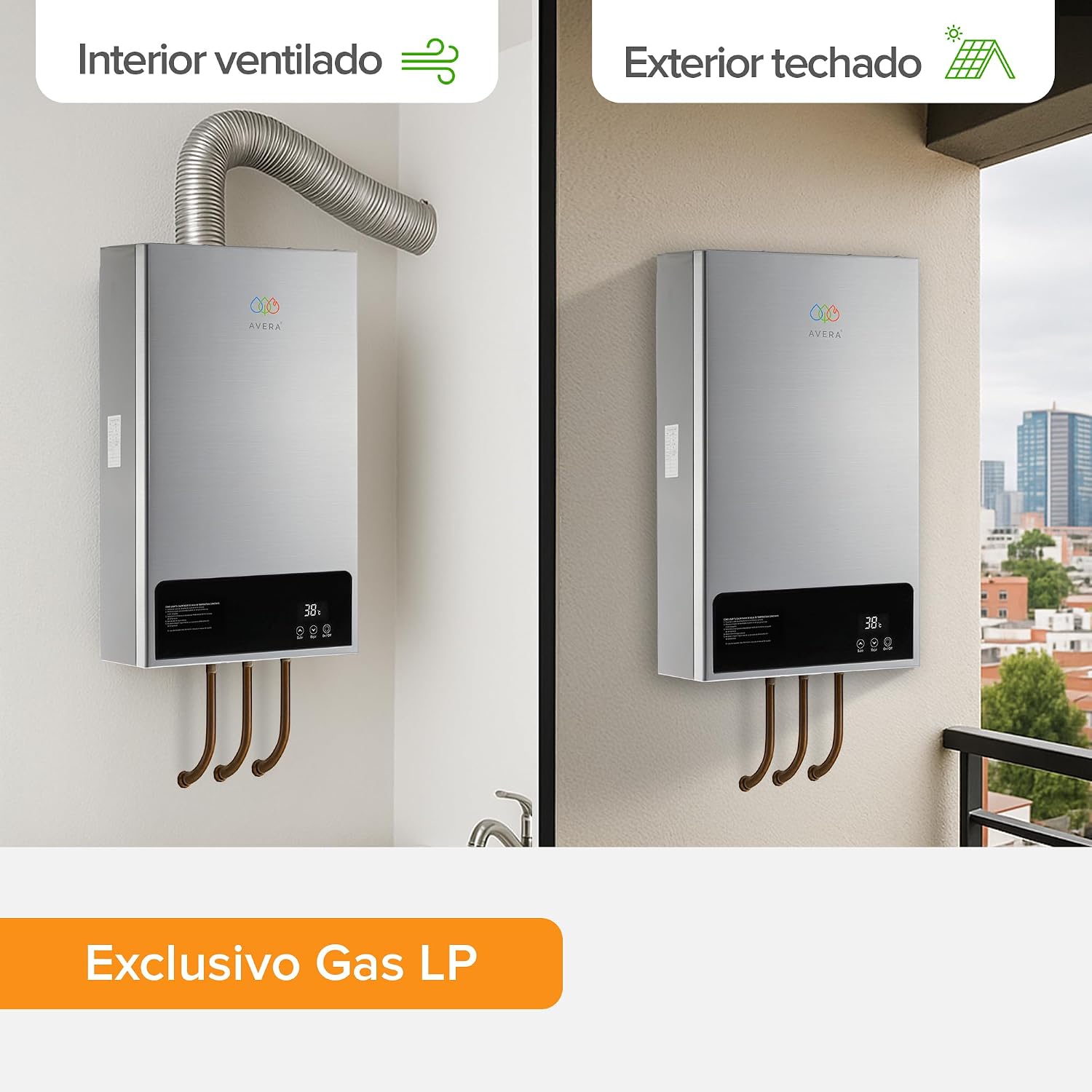 Comparison of interior ventilated installation with a flue pipe and exterior covered installation for the AVERA CM10 water heater.