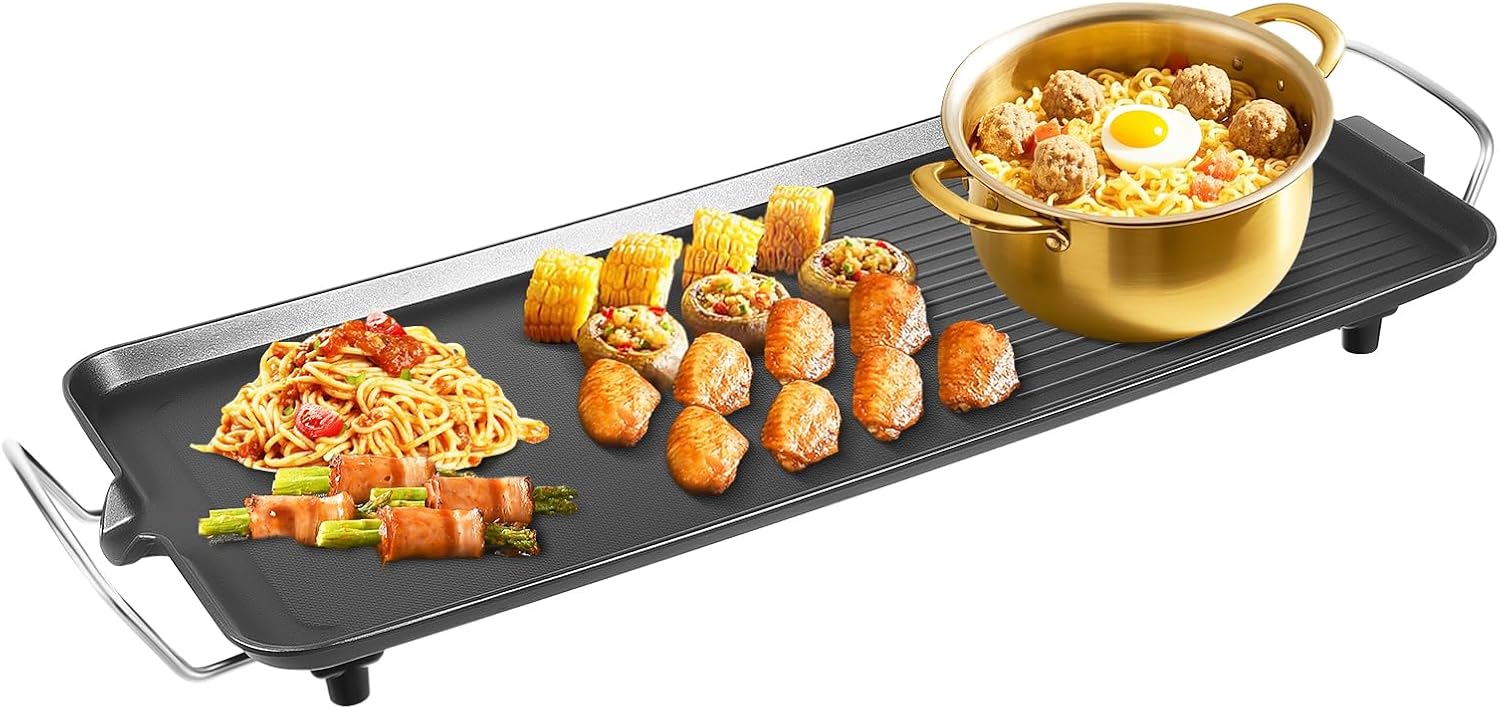 Portable Electric Grill, 26.77 * 11in Large Aluminum Alloy Griddle, Outdoor Barbecue Grill for Camping Picnics Backyard Parties, 5-Temp Adjustable, Black