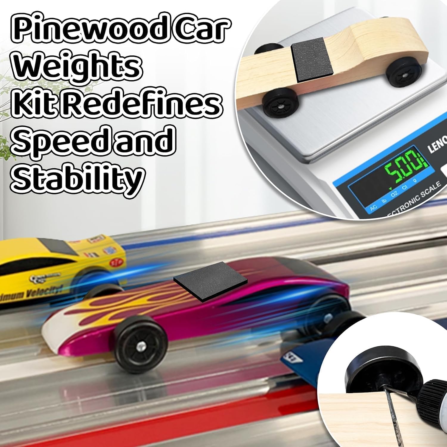DerbyCraftPro Pinewood Weights Car Kit &Graphite Lubricant |3oz Flexible Derby Car Weights (Easy to Cut)+0.5oz Graphite Powder for Axles-Precise Weighting and Adjust The COG,Reduce Friction
