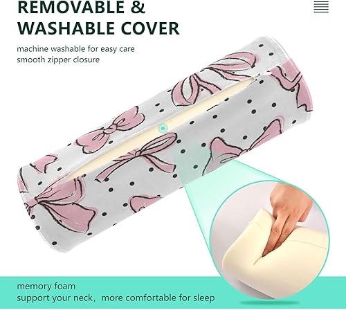 Miniatura 4 de Almohada redonda cilíndrica rosa con lazo para aliviar el dolor de cuello, suave y transpirable, almohada de espuma viscoelástica de viaje con funda