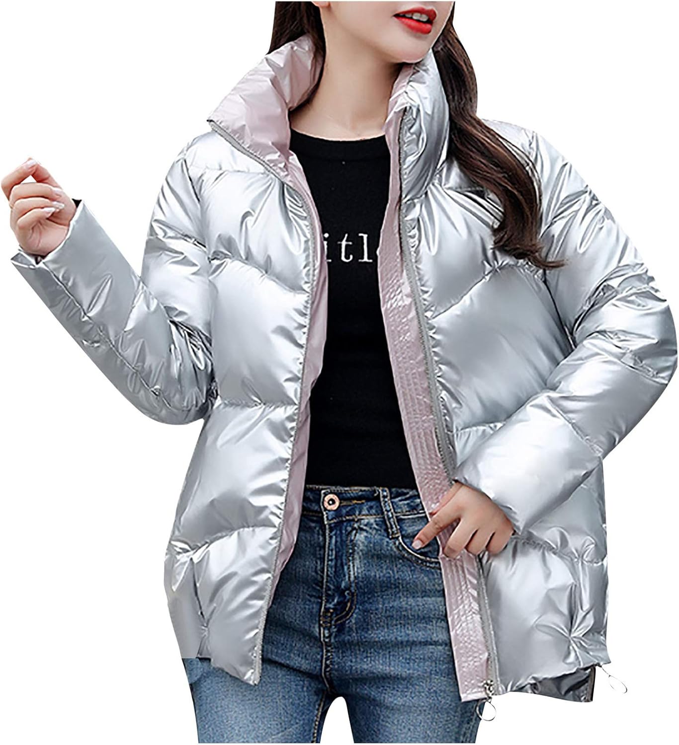 Women's Fashion Winter Coats Women Parka Down Jackets Thicken Full Zipper Short Puffer Coats Glossy Winter Hooded : Clothing, Shoes & Jewelry