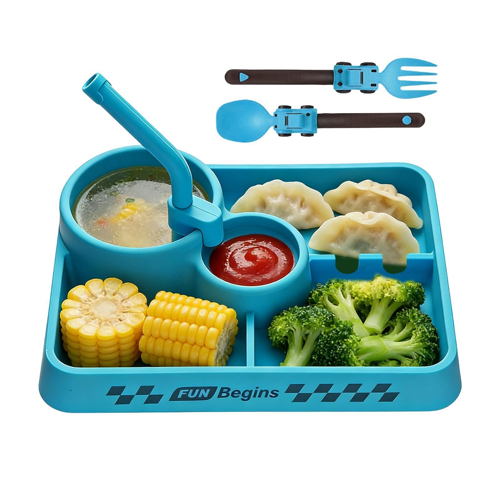 Ensemble d'ustensiles de repas Silicone Portable Autonome Set Table Enfant | Assiettes Compartimentées Couverts Pour Maison École Anniversaire Garçons Filles