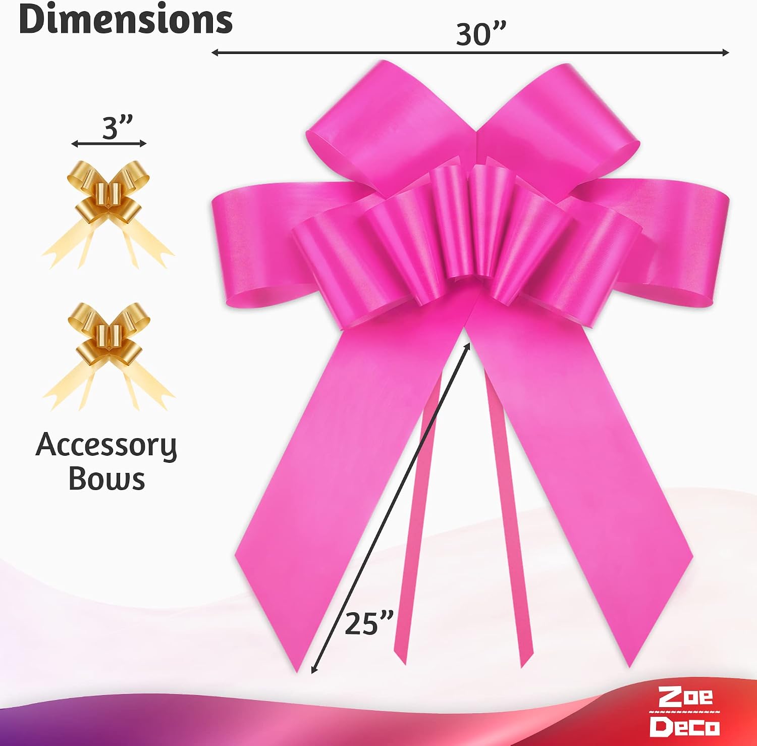 Zoe Deco Big Car Bow (Pink, 30 inch) with 2 Gold Accessory Bows, Giant Presents, Girl Party, Lady Surprise Party, Wedding Reception, Birthday, Christmas Gift