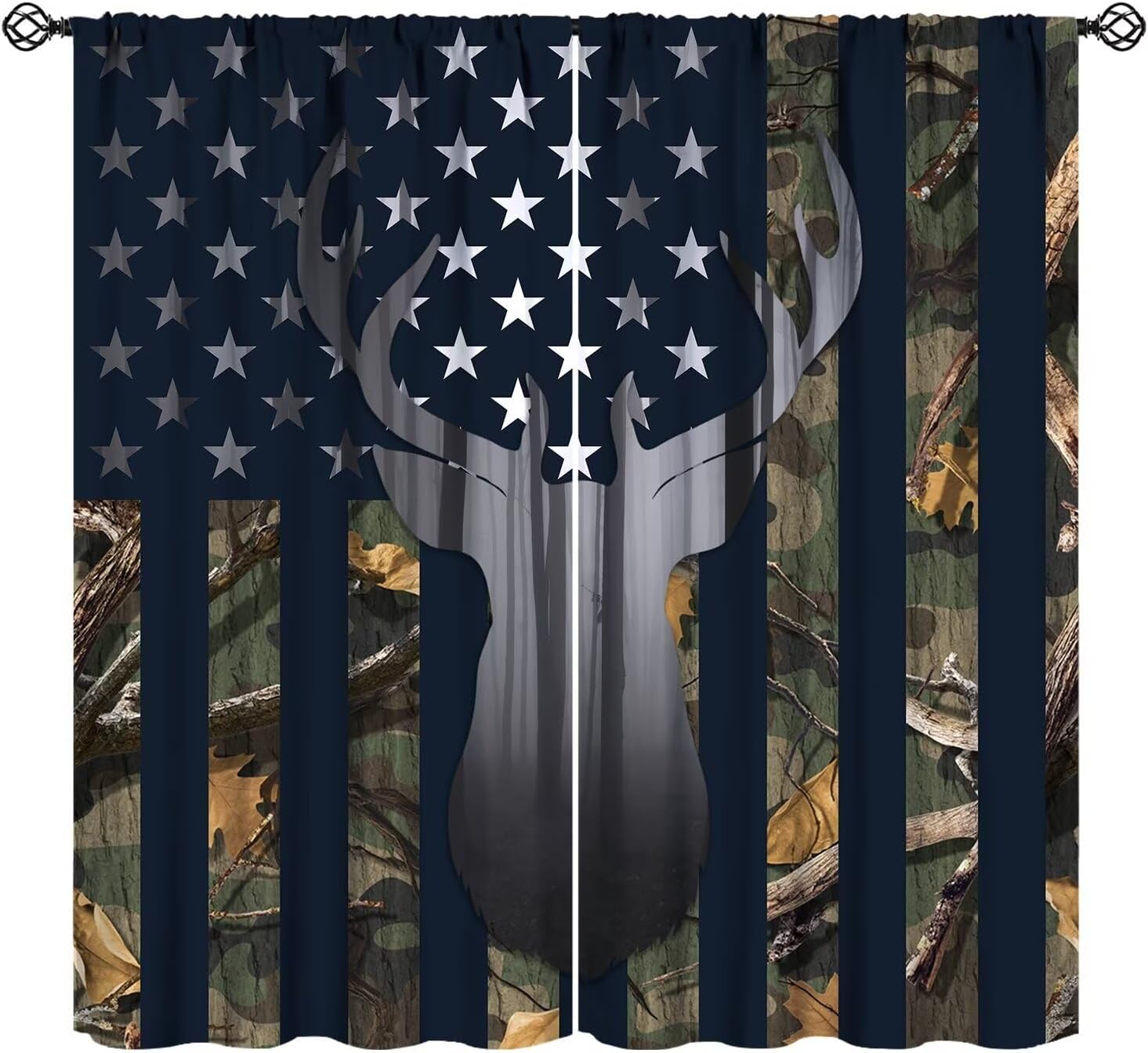 Rustic Deer Blackout Kitchen Curtains Retro Farmhouse Moose Camouflage USA Flag Vintage Country Cabin Rod Pocket Window Drapes Treatment for Living Room Bedroom Cafe Decor W31.5xL63in 2 Panels