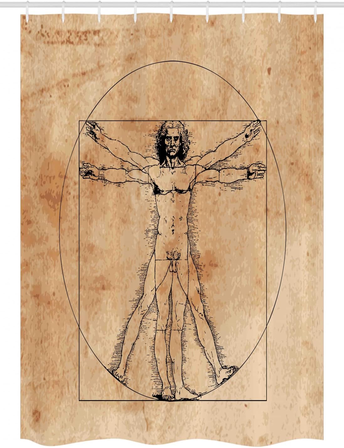 Ambesonne Human Anatomy Stall Shower Curtain, Medieval Vitruvian Man Crosshatching Famous Italian Painting Renaissance Body Art, Fabric Bathroom Decor Set with Hooks, 54" W x 78" L, Sepia Brown Black