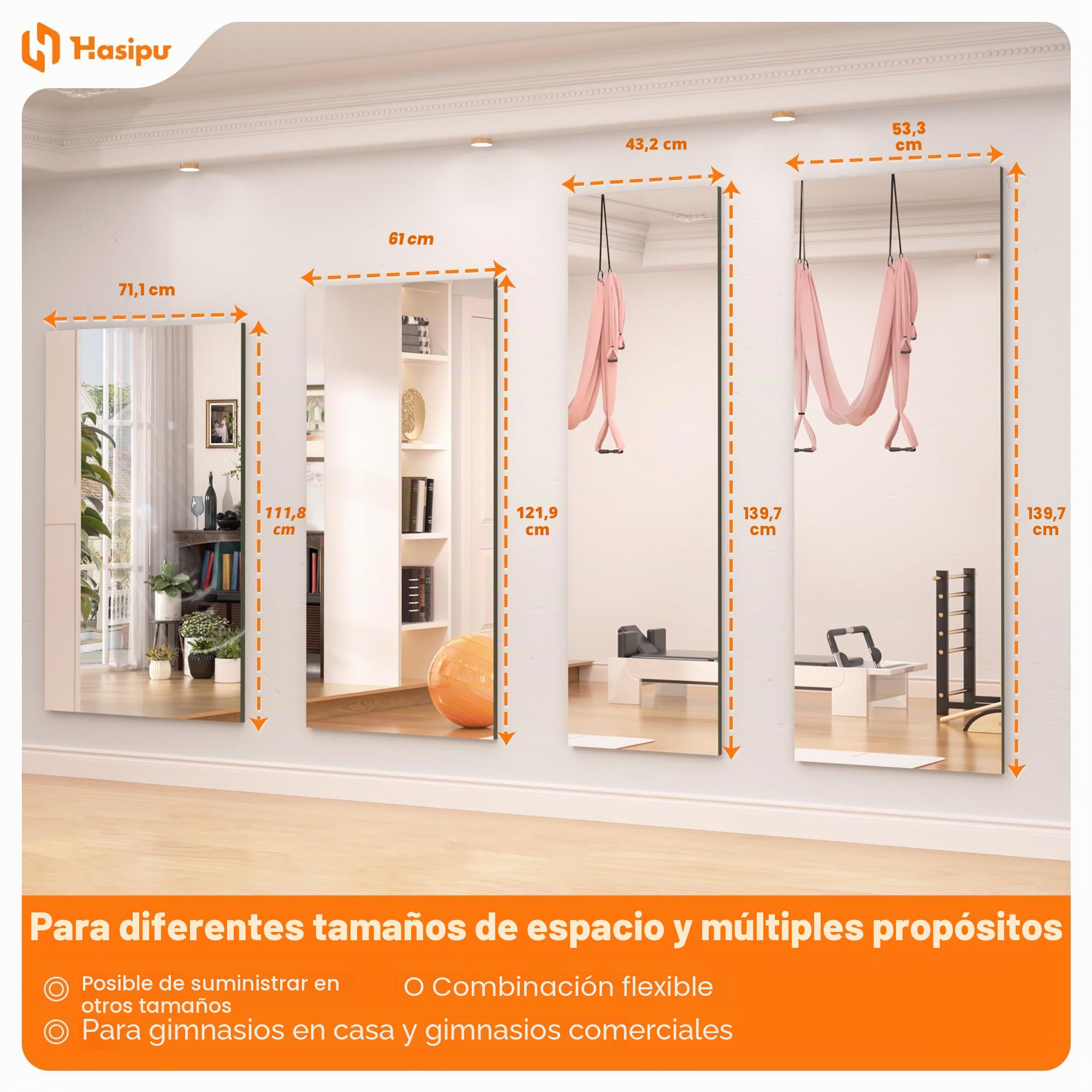Hasipu Espejo de Cuerpo Completo para Gimnasio en Casa 140x52cm, Espejos Desmontables de Yoga, Entrenamiento Fitness Espejo, Montaje en Pared