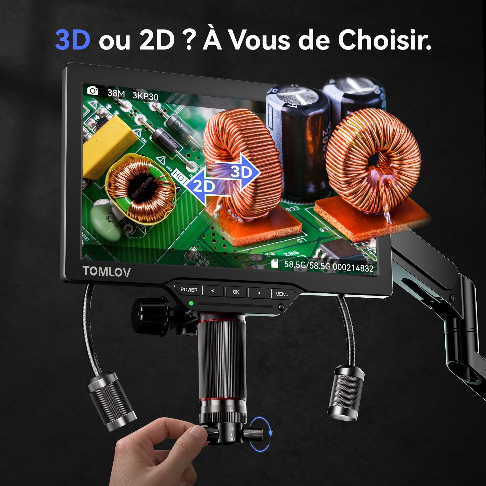 TOMLOV TM3K-3D IPS Microscope Numérique Double Lentilles Magnétiques, Microscope de Soudure 3D pour Adultes, Loupe 3K HDMI/USB pour Pièces de Monnaie avec LED, Tapis de Réparation, Bras Flexible, 64Go