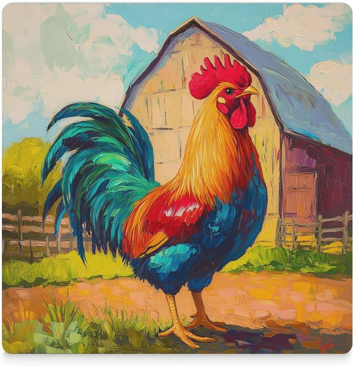 Rooster Barn Farmhouse Picture Funny Ceramic Coasters for Drinks Absorbent Cup Holder Tabletop Protector with Cork Base