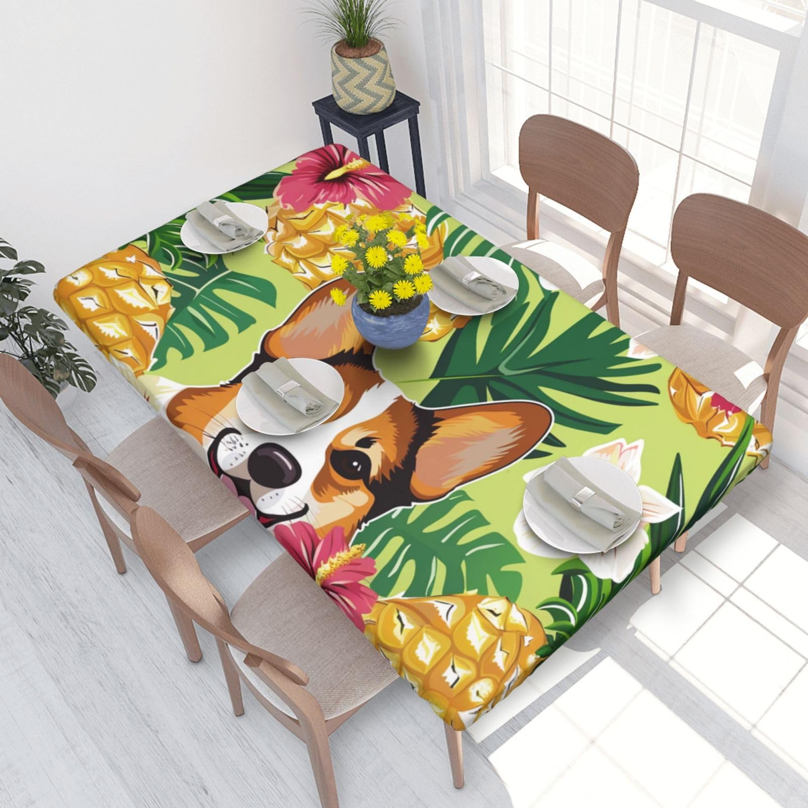 WPKJU Corgi Hawaiian Tropical Summer Pineapple Printed Tablecloths 4ft Rectangular Table Covers Washable Polyester Decorative Table Cloth for Dining Table Picnic Wedding