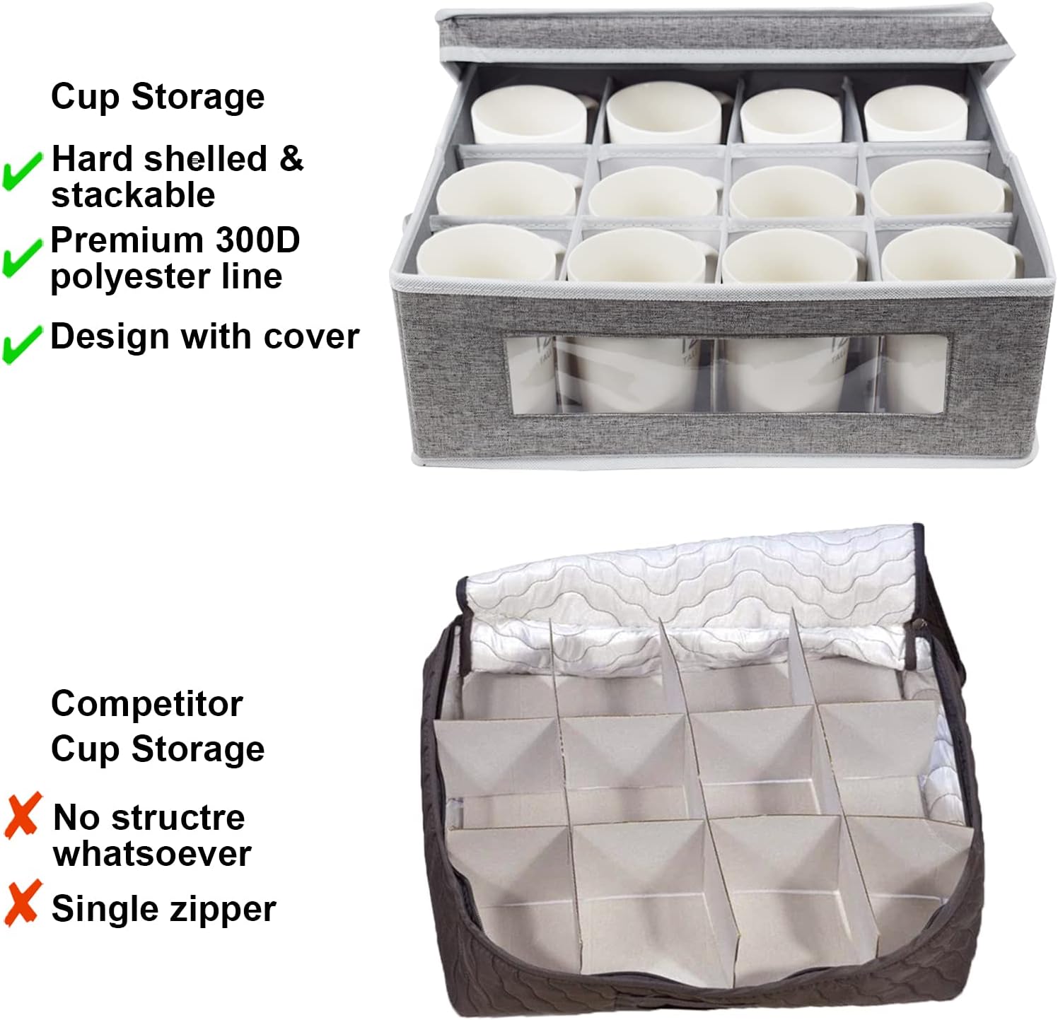 homyfort Mug Storage Box, China Storage Containers Organizer Hard Shell with Dividers for 12 Coffee Mugs, Tea Cup, Moving & Packing (Grey)