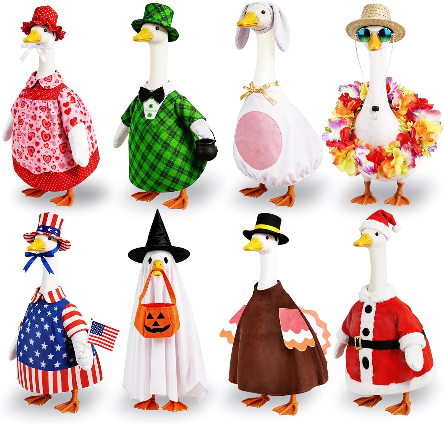 8 Set Porch Goose Outfits Holiday Goose Clothes - Valentine St. Patrick Easter Summer 4th of July Fall Halloween Christmas Lawn Porch Goose Clothing for Patio Yard Decor