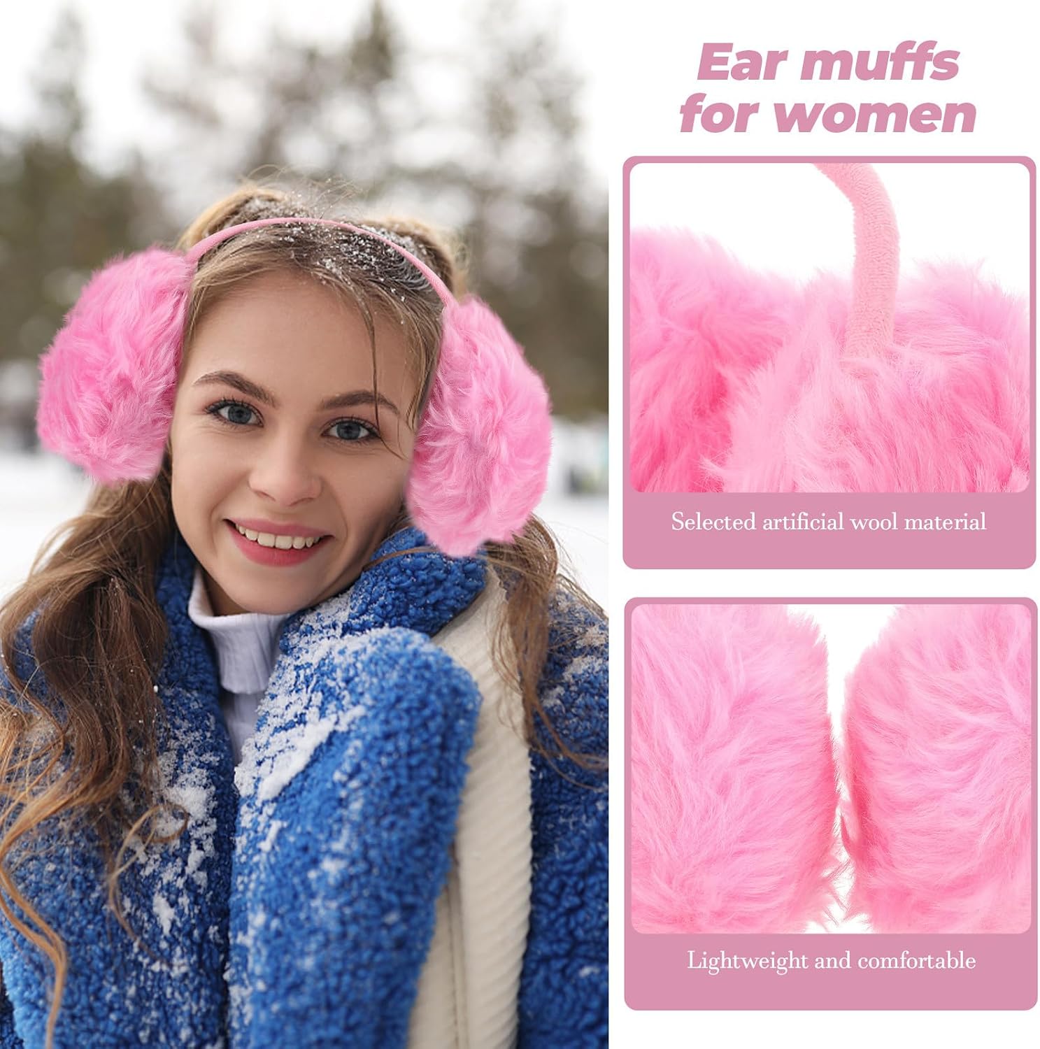 Hemoton Plush Faux Fur Ear Warmers Behind-the-head Earmuffs Pink Winter Ear Covers for Women and Men Cold Weather Protection