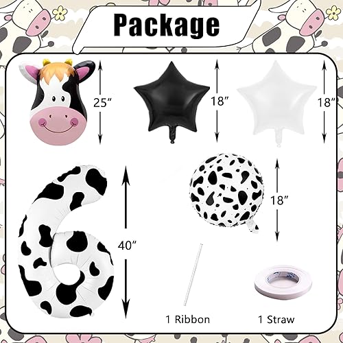 Miniatura 5 de 6 globos impresos de vaca para decoración de cumpleaños número 6, globo blanco y negro de vaca para niños, fiesta temática de animales de granja (6)