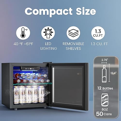 Miniatura 2 de COWSAR Refrigerador de bebidas, enfriador de vino para 50 latas, aprobado por ETL de 1.3 pies cúbicos con puerta de vidrio, estantes ajustables,