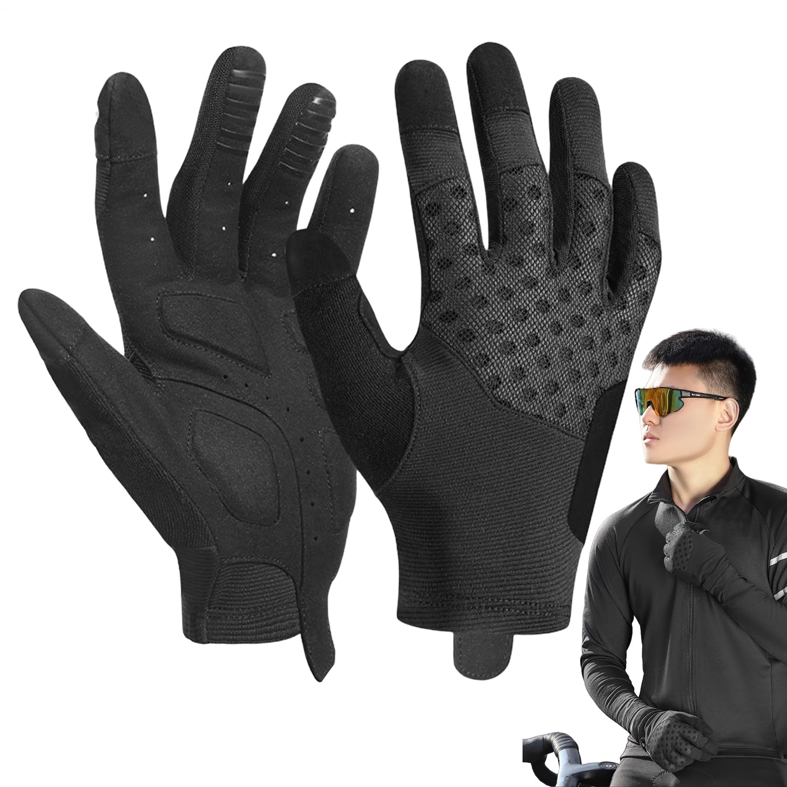 Guanti da ciclismo - Guanti tattili con ammortizzazione - Guanti riflettenti con dita complete traspiranti per ciclismo, per bicicletta, corsa, equitazione, guida ed escursionismo