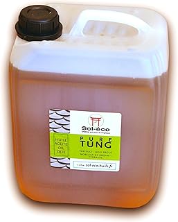(Sol-éco) Aceite de Tung puro | Protección y mantenimiento de la madera interior/exterior | Contacto con alimentos | Muebles de jardín, encimeras, terrazas, cocinas, tablas de cortar, teca, parquet 5L