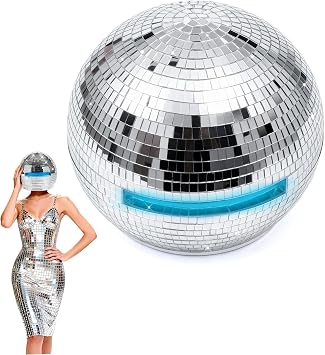 15.7 In Disco Ball Helmet, Silver Glitter Ball Hat, Sparkling Disco Party Decorations, Multicolored Reflective Mirror Glass Costume for Celebration Party Accessory Bar Nightclub DJ Cosplay