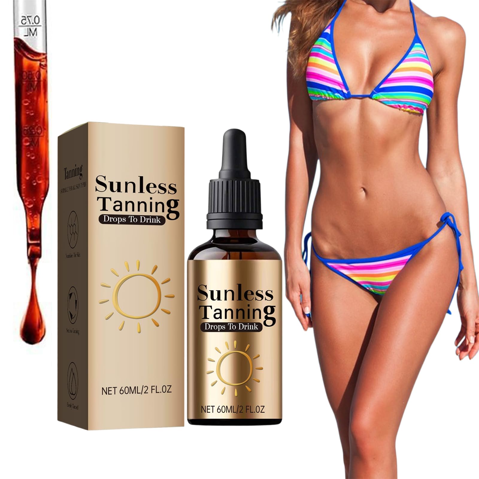 Gouttes Autobronzantes A Boire,Sunless Tanning Drops To Drink,60ml Gouttes Bronzantes Sans Soleil,Santé Et Pigmentation De La Pea, Rapide Bronzage, Tous Types De Peau(1 Pièce) - 1