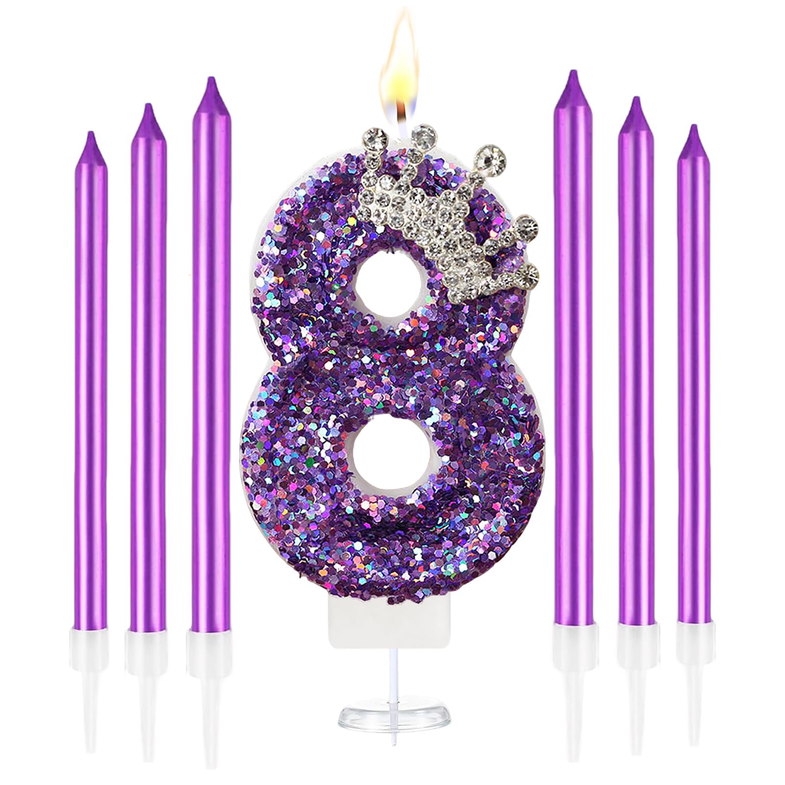 K Pop Number Birthday Candles, Glitter Crown Birthday Candles with 6 Pcs Long Candles, Stylish Kpop Music Themed Cake Topper for Girls Birthday Party Supplies (8 Candle, Holo Purple)