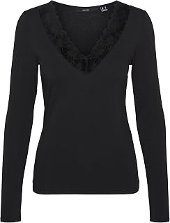 VERO MODA Women's Vmrosa LS V-Neck Lace Top Ga JRS Noos Long Sleeve Shirt L Black