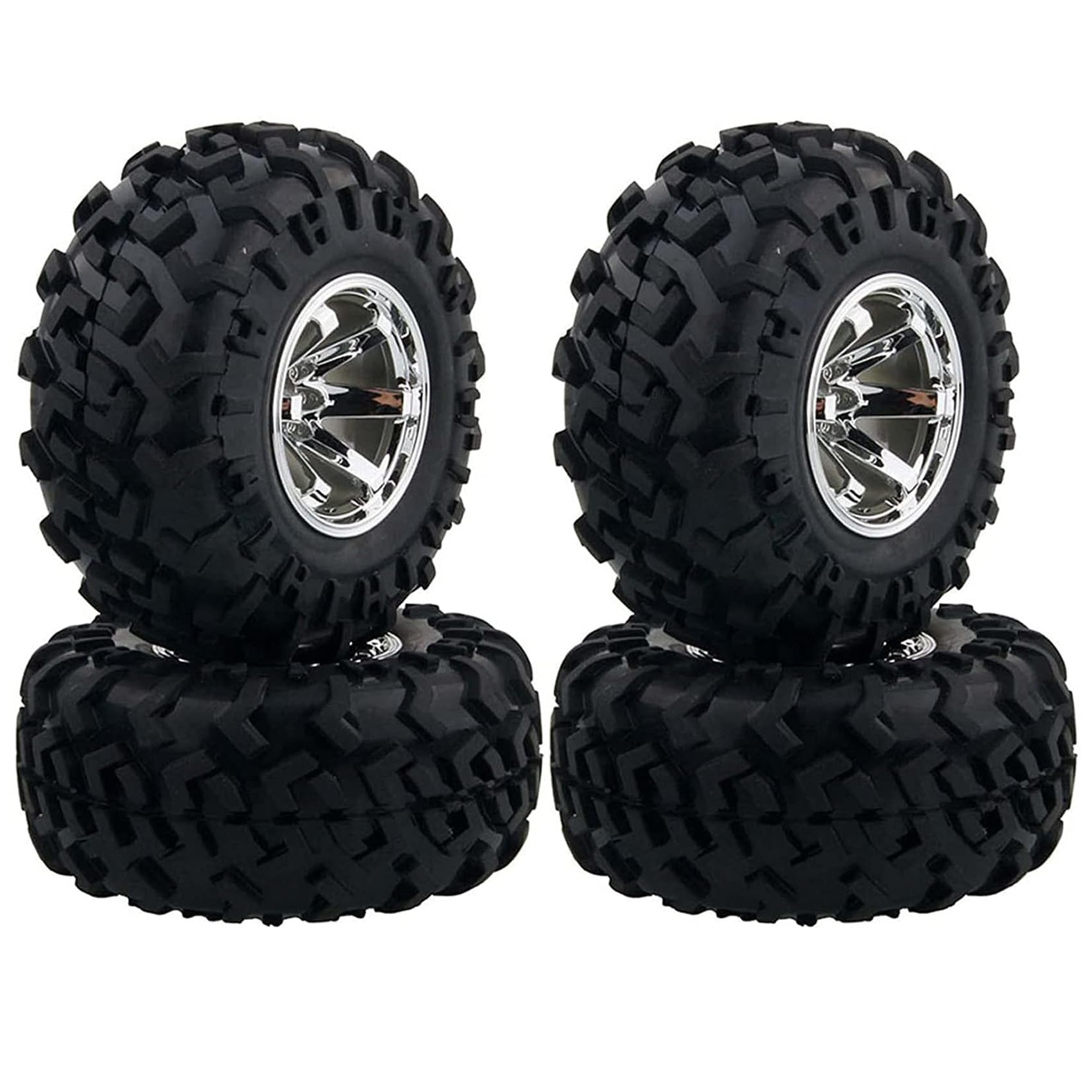 KINGCOO 4PCS 130MM Rubber Tyres and 6 Spoke Plastic Wheel Rims,1/10 RC Monster Truck Wheel and Tire Set for 1:10 RC Crawler Off-Road Car for HIMOTO HSP HPI SCX10 Tamiya Kyosho Buggy (Silver)