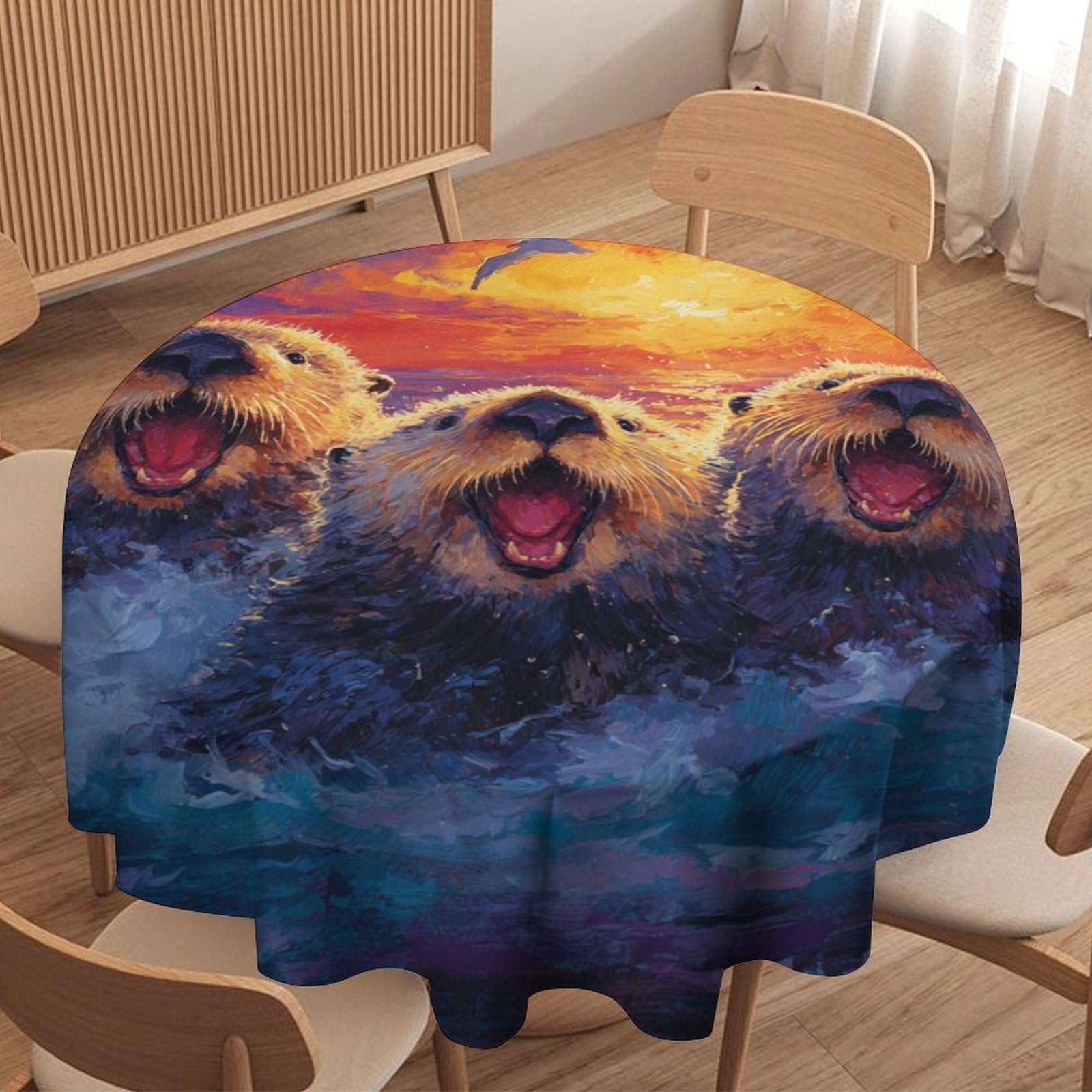 LUYYSKY Rustic Colorful Cute Otters Waterproof Round Tablecloth Classic Nautical Sunset Ocean Sea Birds Seagulls Animals Otters Patter Washable Table Cover for Kitchen-177.8" Wx177.8 L cm