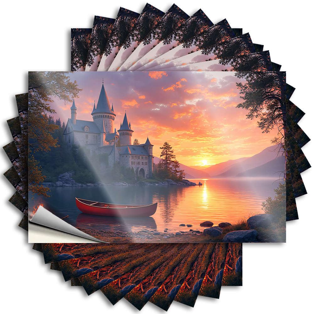 Castle By The Lake At Sunset Tattoos Cottage Core Decorations Self Adhesive | Aesthetic Helmet Vinyl Sticker Pack for Standing(12X18CM)
