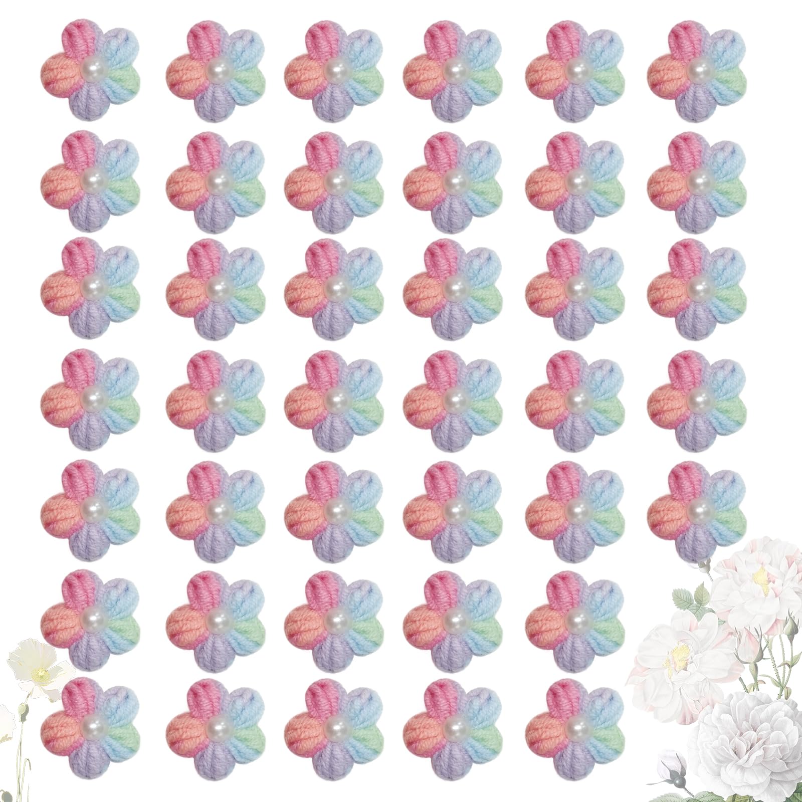 Knitted Flower Patches，Crochet Flowers Applique，40pcs Handmade Floral Sew on Patches，2cm DIY Appliques Embellishments with Pearl, Crochet Floral for Crafts,Sew Accessories(Purple/Green/Blue/Pink）