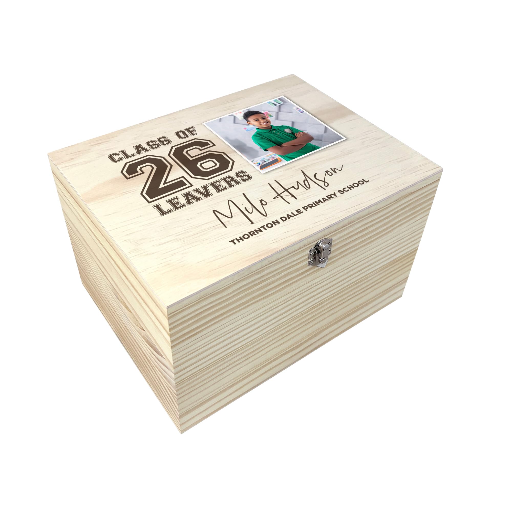Personalised 'Class Of 26' School Leavers Photo Memory Box | Custom Name & School | Pine Wood Keepsake Box | Unique Graduation Gift for Students | W30cm x D23cm x H18cm