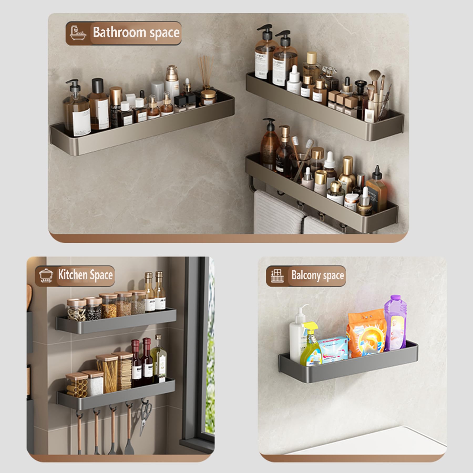 Portaoggetti da Doccia Adesivo Appendere, Organizer Parete per Doccia di Grande capacità Senza Foratura Ripiani per Doccia Bagno portaoggetti in Lega Alluminio antiruggine,Gray d,60CM