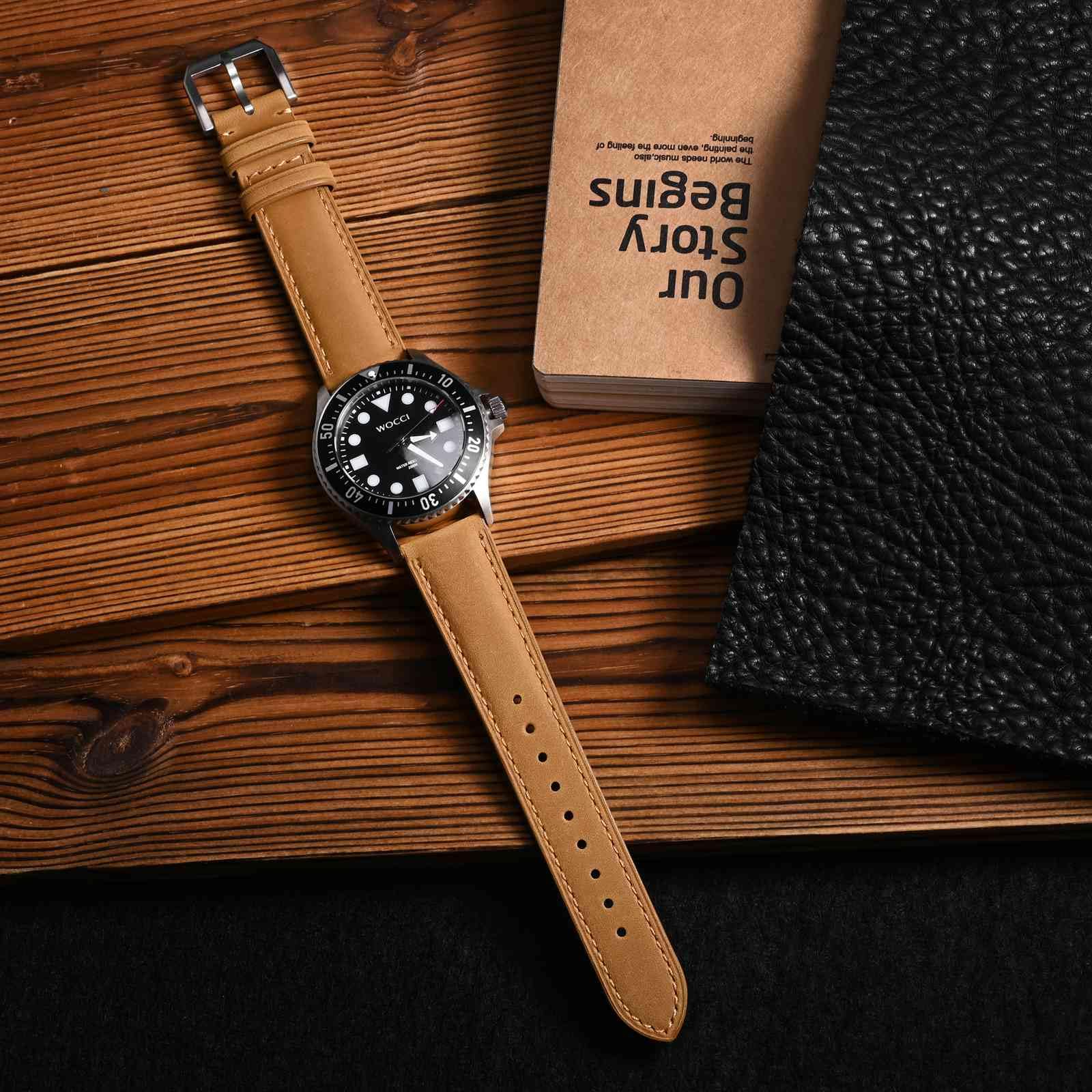 WOCCI Correa de Reloj, Cuero Genuino, Cuero con Forro Oscuro, Liberación Rápida, Ancho de Correa 18mm 20mm 22mm