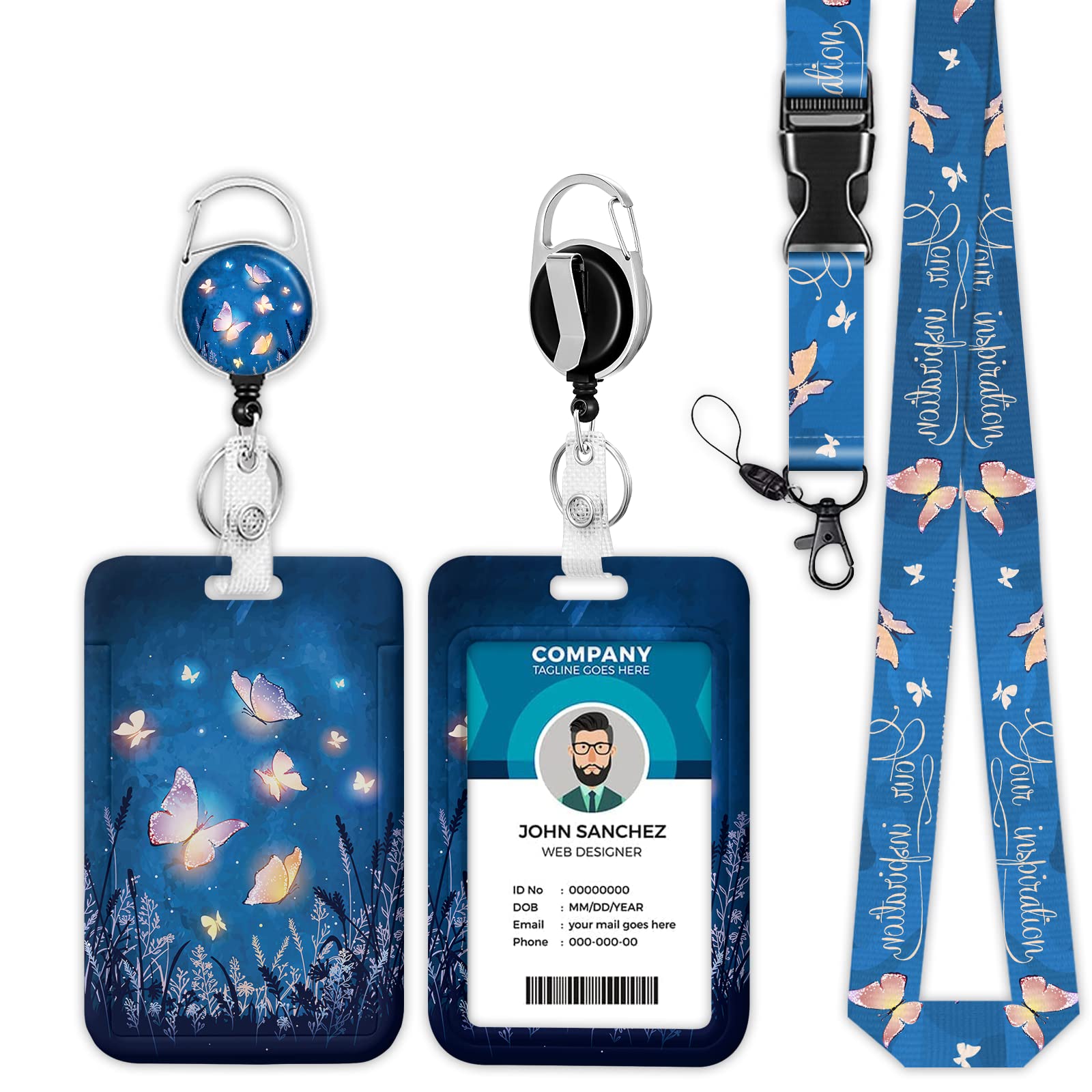 Onevenvi ID Badge Holder with Lanyard, Blue Butterfly Lanyards for Id Badges, Retractable ID Badge Holder with Detachable Lanyard, Badge Reel Heavy