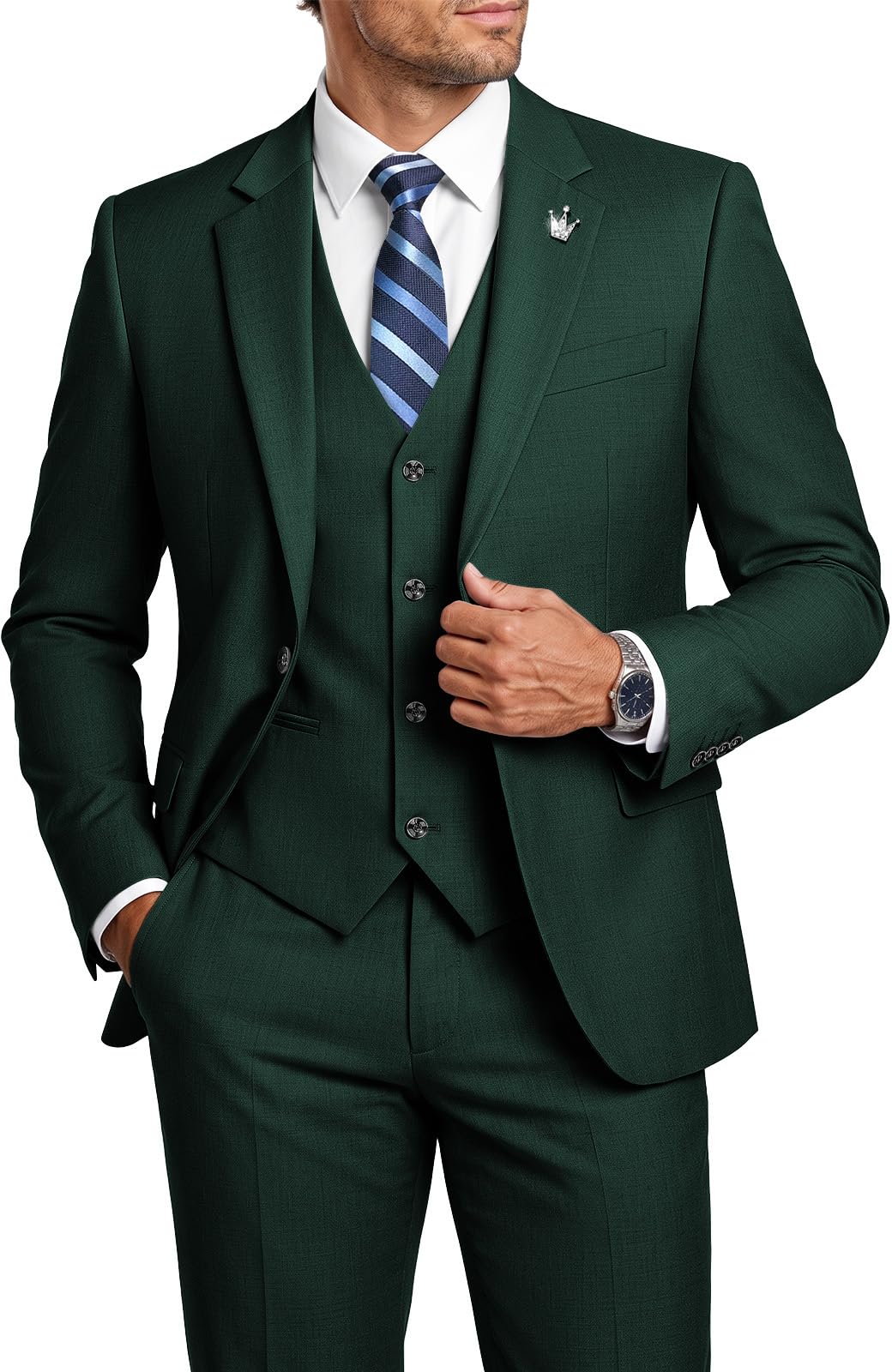 MAGE MALE Mens Suits Slim Fit 3 Piece Elegant Tuxedo Suit Set for Business | One Button, Notched Lapel, Formal Wear for Wedding, Prom, Party, Solid Blazer Vest Pants Set Dress Suits with Tie and Brooc