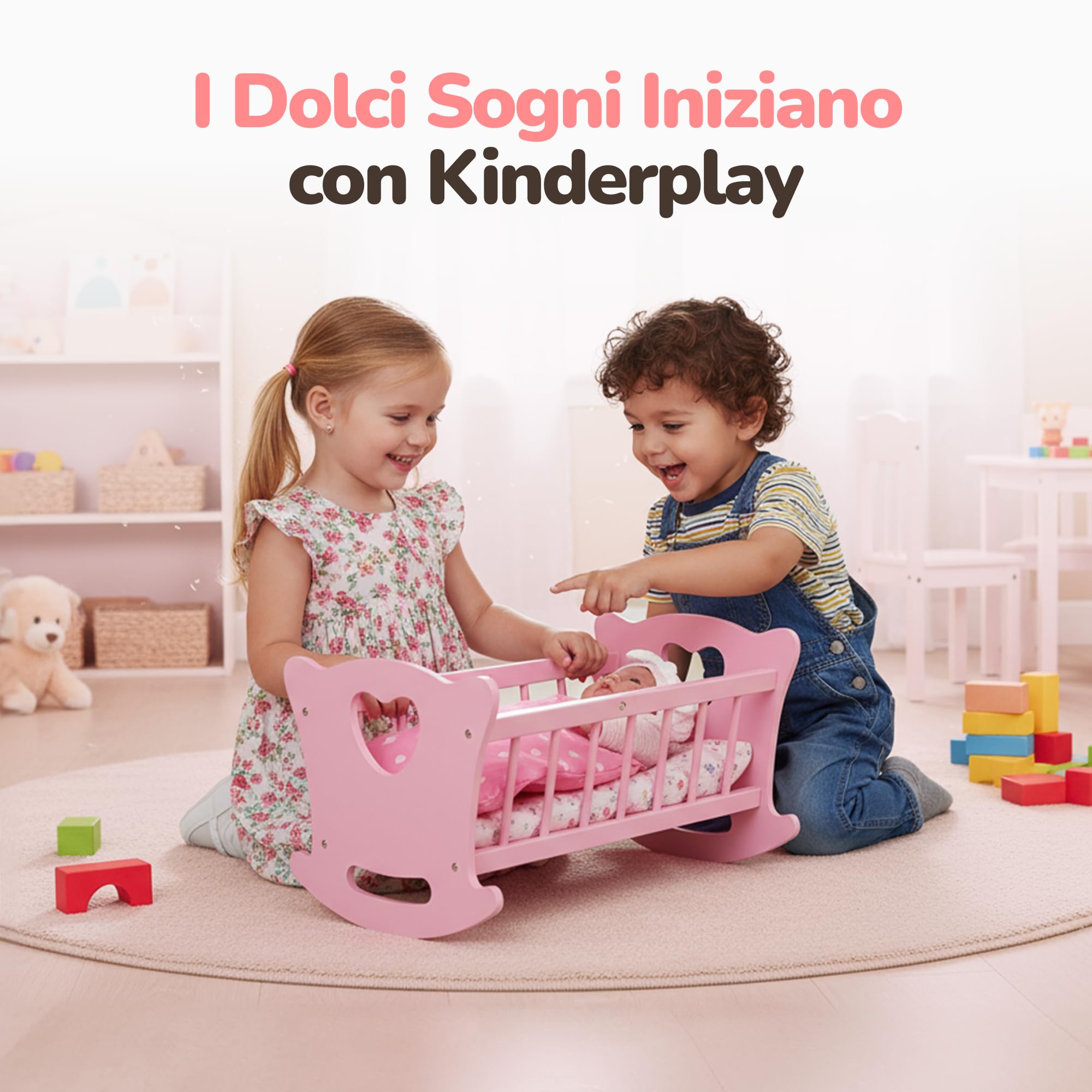 Kinderplay Culla per bambole in legno con biancheria da letto, letto a dondolo per bambole fino a 49,5 cm, giocattolo sostenibile in legno per ragazze dai 3 anni in su, letto per bambole con materasso