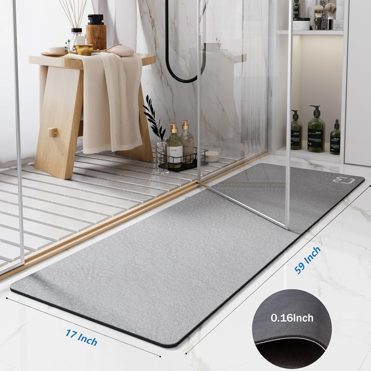 Grey Bath Mat 17" x 59" Extra Long Bathroom Mat Large Fast Dry Super Absorbent Non-Slip Rubber Backed Shower Mat Bath Rugs Mats for Bathroom Floor, Tub, Shower, Sink, Gray - Image 2